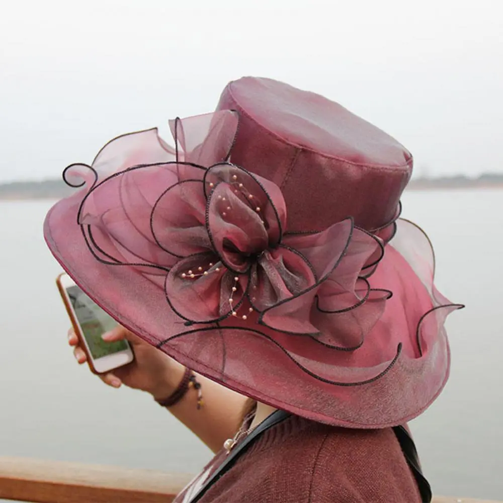 2023 Elegant Bow Wide Brim Bucket Hats Church Hat Fedora Women Summer Foldable Sun Cap Flower Sun Hat Wedding Tea Party Cap