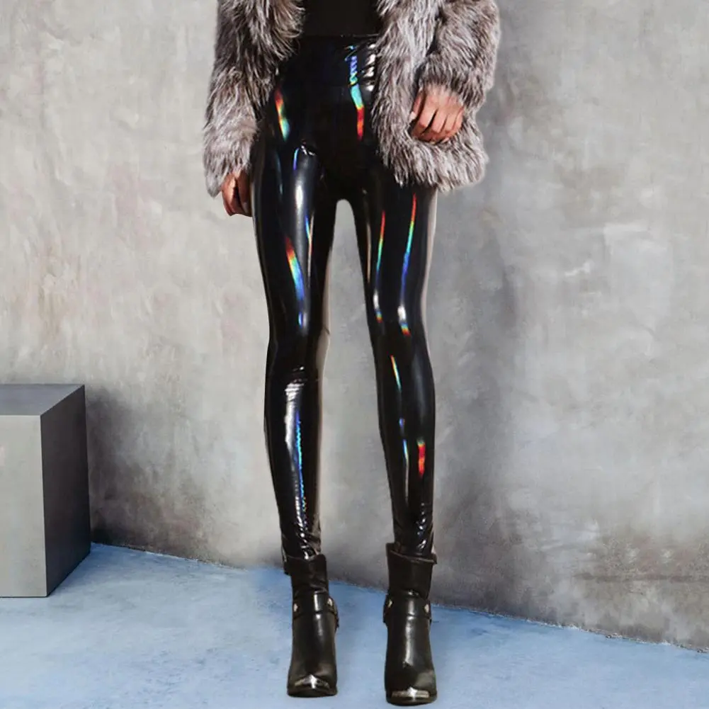 Mirror Surface Pu Leather Pencil Pants Women Leather Pencil Pants High Waist Solid Color Shinny Slim Trousers Sexy club Pants