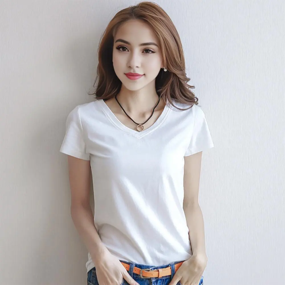 2025 White Women Summer T-shirt V-neck Short Sleeve Slim Fit T-shirt Stretchy Bottoming Shirt Korean Fashion Women Tee Blouse