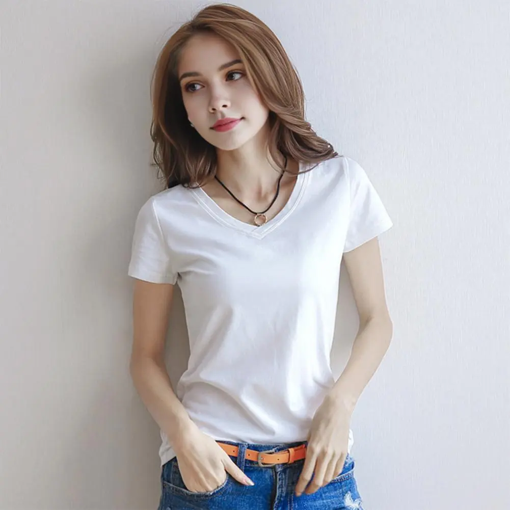 2025 White Women Summer T-shirt V-neck Short Sleeve Slim Fit T-shirt Stretchy Bottoming Shirt Korean Fashion Women Tee Blouse
