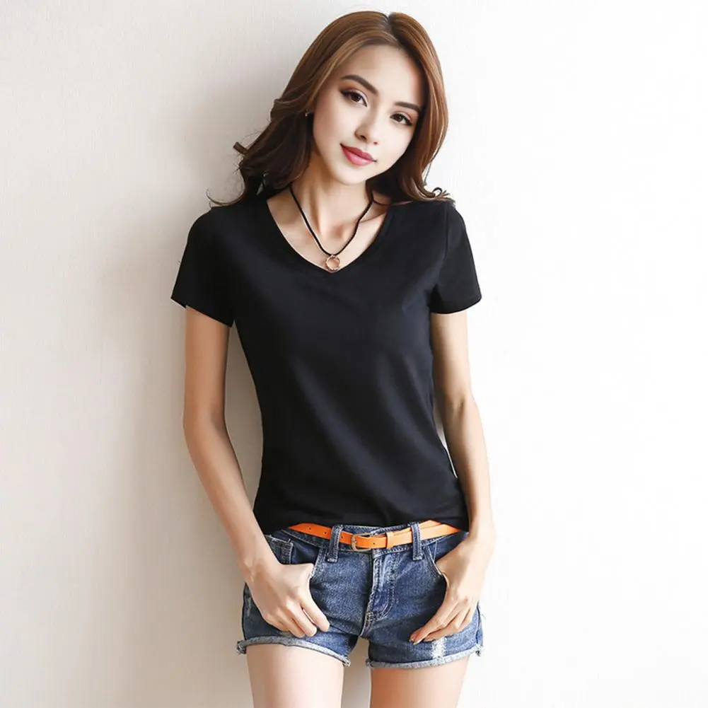 2025 White Women Summer T-shirt V-neck Short Sleeve Slim Fit T-shirt Stretchy Bottoming Shirt Korean Fashion Women Tee Blouse