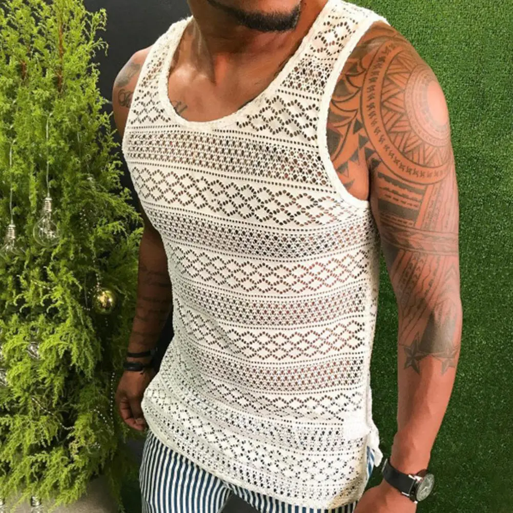 Men Tank Top Lace Hollow Out Sleeveless Shirts Summer Slim Fit Gym Clothes Workout Solid Color Vest Tops 2022 Mens Clothing