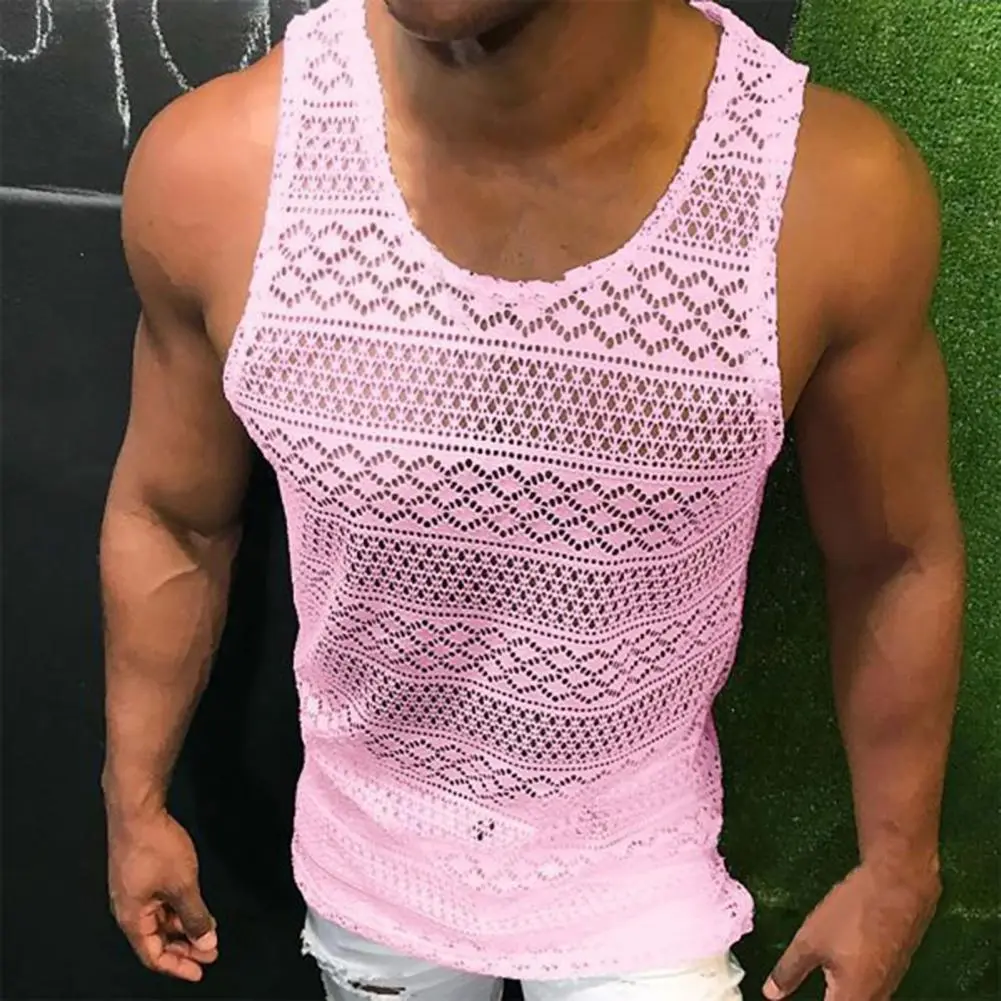 Men Tank Top Lace Hollow Out Sleeveless Shirts Summer Slim Fit Gym Clothes Workout Solid Color Vest Tops 2022 Mens Clothing