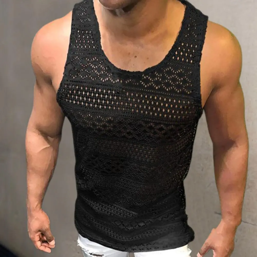 Men Tank Top Lace Hollow Out Sleeveless Shirts Summer Slim Fit Gym Clothes Workout Solid Color Vest Tops 2022 Mens Clothing
