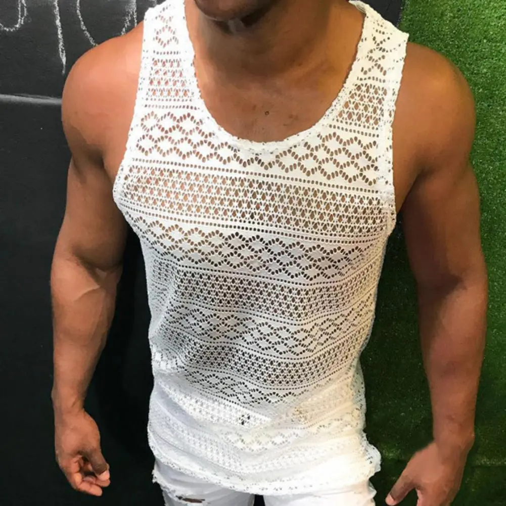 Men Tank Top Lace Hollow Out Sleeveless Shirts Summer Slim Fit Gym Clothes Workout Solid Color Vest Tops 2022 Mens Clothing