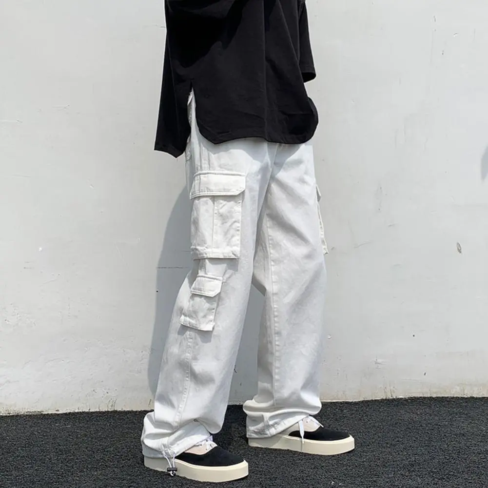 White Men Cargo Pants Hip Hop Wide Leg Sweatpants Mid Waist Loose Multi Pocket Straight Leg Cargo Pants Fashion Streetwear Pants