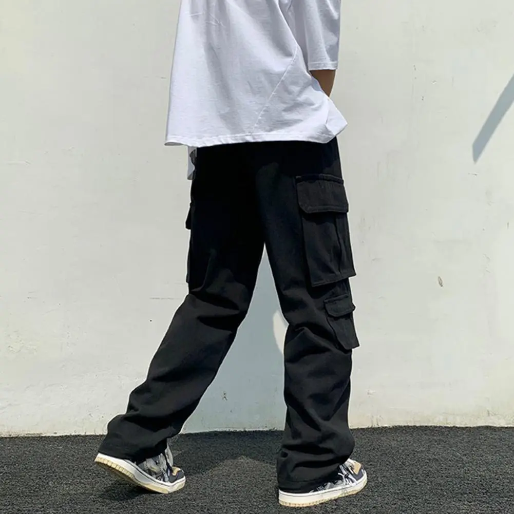 White Men Cargo Pants Hip Hop Wide Leg Sweatpants Mid Waist Loose Multi Pocket Straight Leg Cargo Pants Fashion Streetwear Pants