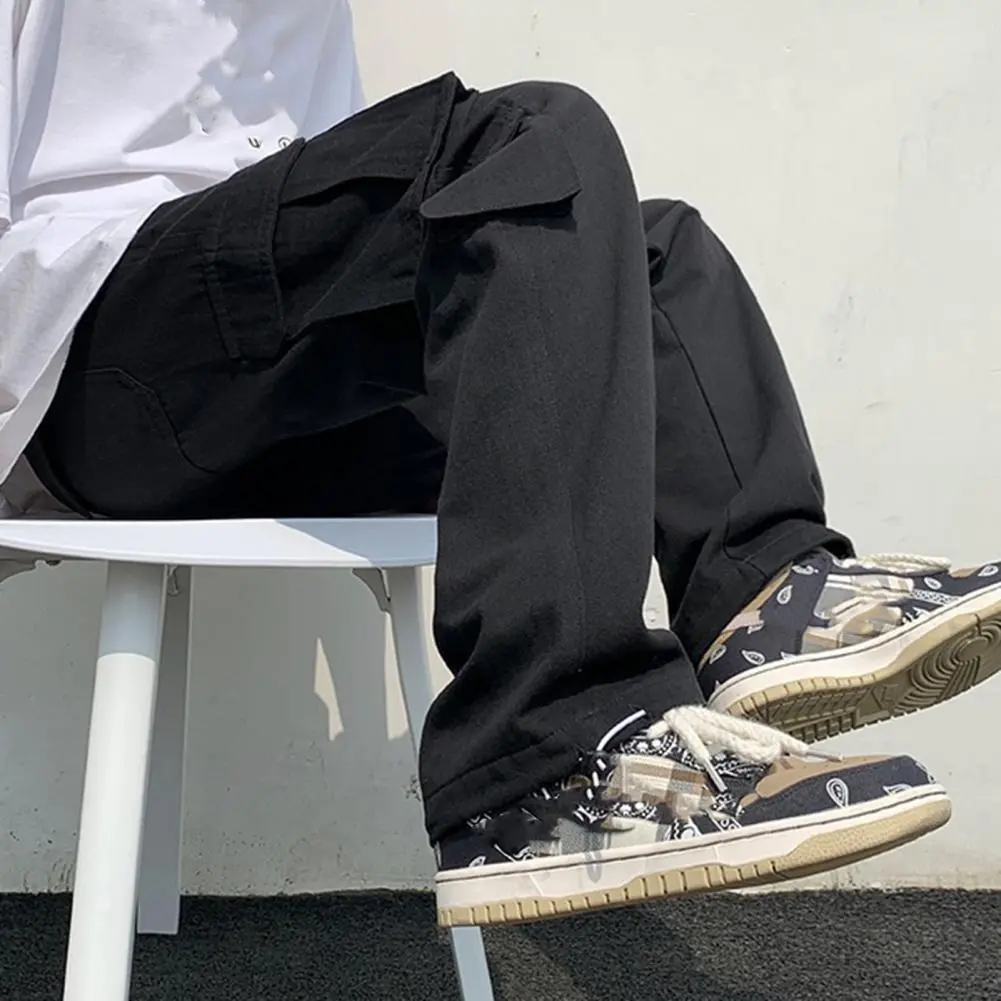 White Men Cargo Pants Hip Hop Wide Leg Sweatpants Mid Waist Loose Multi Pocket Straight Leg Cargo Pants Fashion Streetwear Pants