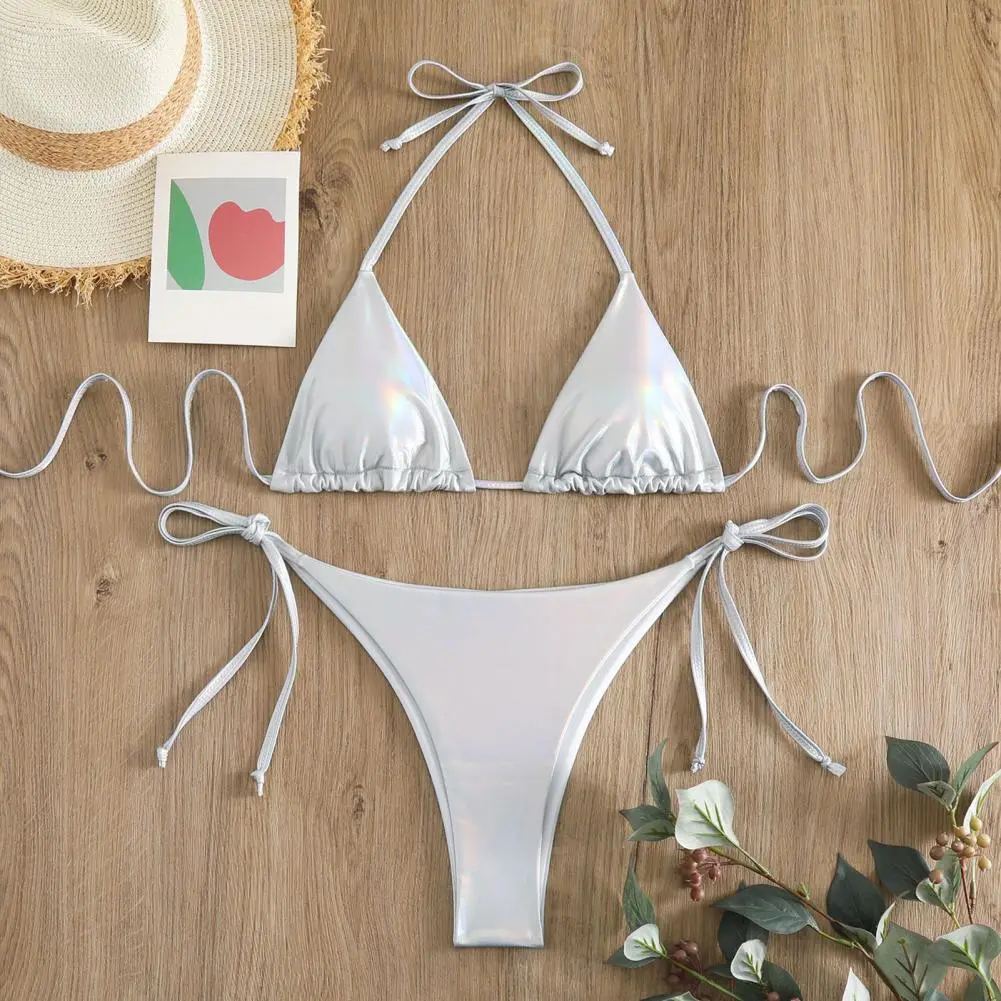 Glossy Women Sexy Bikini Set Bronzing Surface Halter Bra Lace-up Briefs Set Beachwear Elegant Two-piece Swimsuit Bathing Suit