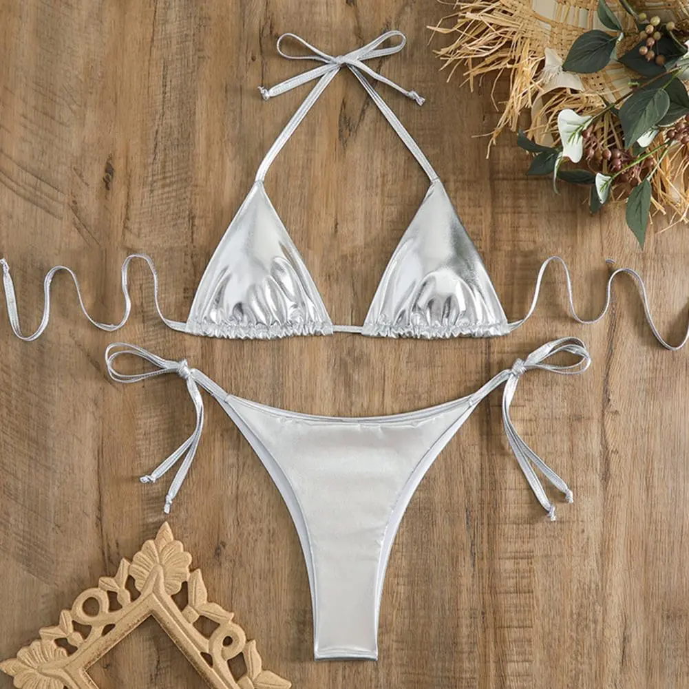 Glossy Women Sexy Bikini Set Bronzing Surface Halter Bra Lace-up Briefs Set Beachwear Elegant Two-piece Swimsuit Bathing Suit