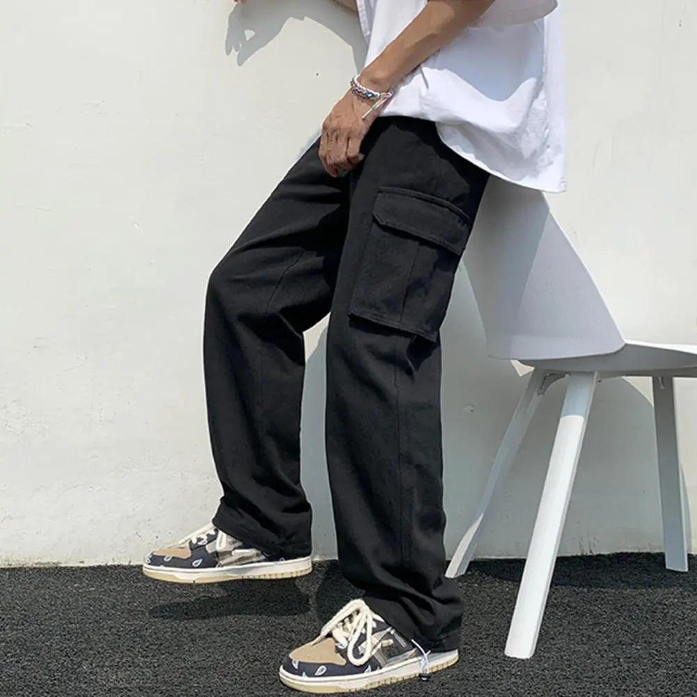 White Men Cargo Pants Hip Hop Wide Leg Sweatpants Mid Waist Loose Multi Pocket Straight Leg Cargo Pants Fashion Streetwear Pants