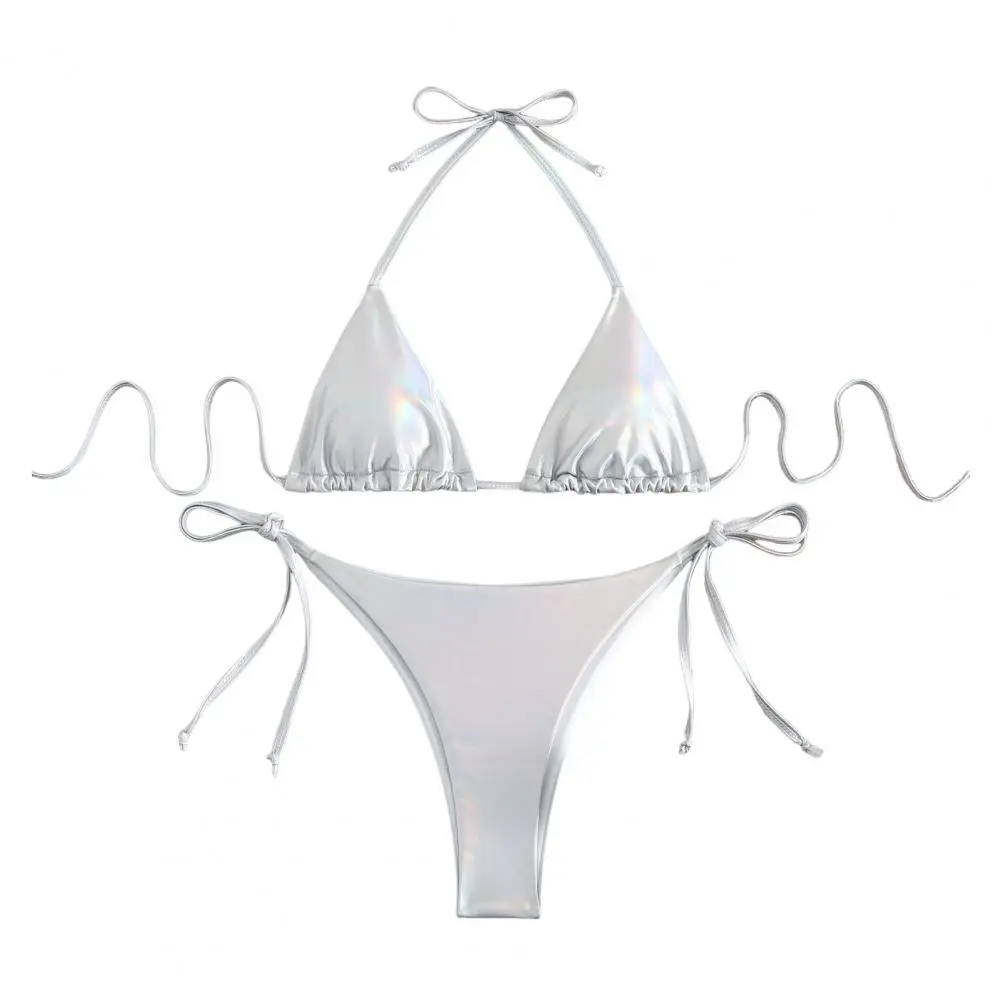 Glossy Women Sexy Bikini Set Bronzing Surface Halter Bra Lace-up Briefs Set Beachwear Elegant Two-piece Swimsuit Bathing Suit
