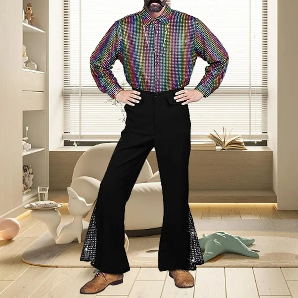 Vintage Men Bell-bottom Pants 60s 70s Shiny Sequin Flared Hem Trousers Party Cosplay Music Festival Retro Disco Fancy Trousers