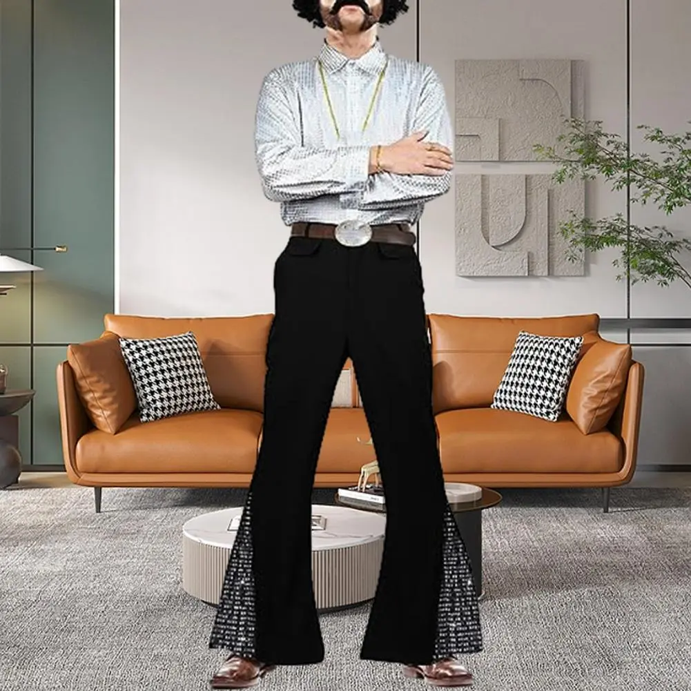 Vintage Men Bell-bottom Pants 60s 70s Shiny Sequin Flared Hem Trousers Party Cosplay Music Festival Retro Disco Fancy Trousers