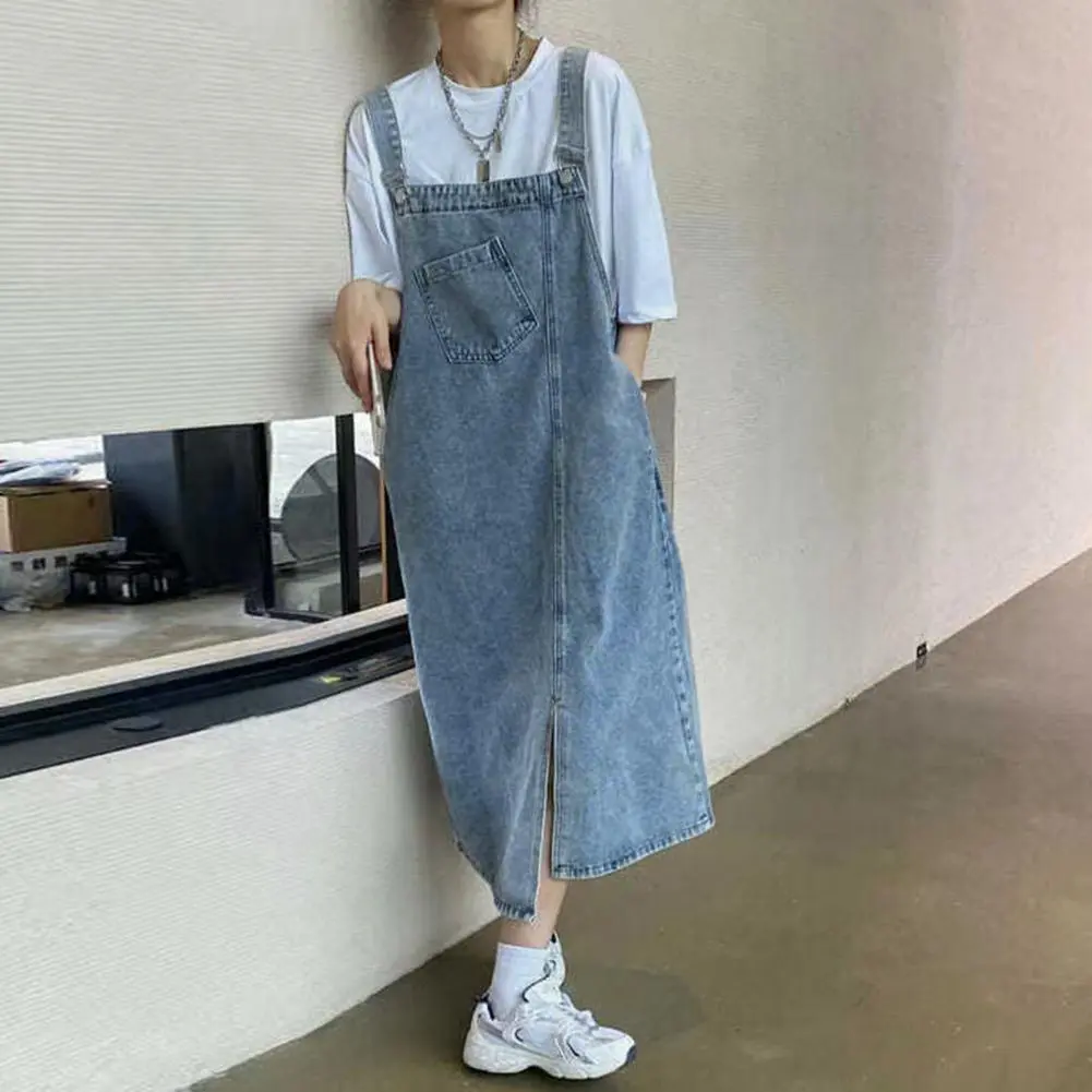 Sleeveless Strap Dress 2024 Summer Pockets Denim Dresses Woman Korean Style H Line Side Pockets Split Hem Suspender Denim Dress