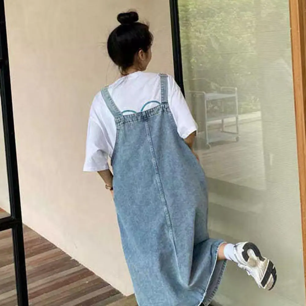 Sleeveless Strap Dress 2024 Summer Pockets Denim Dresses Woman Korean Style H Line Side Pockets Split Hem Suspender Denim Dress