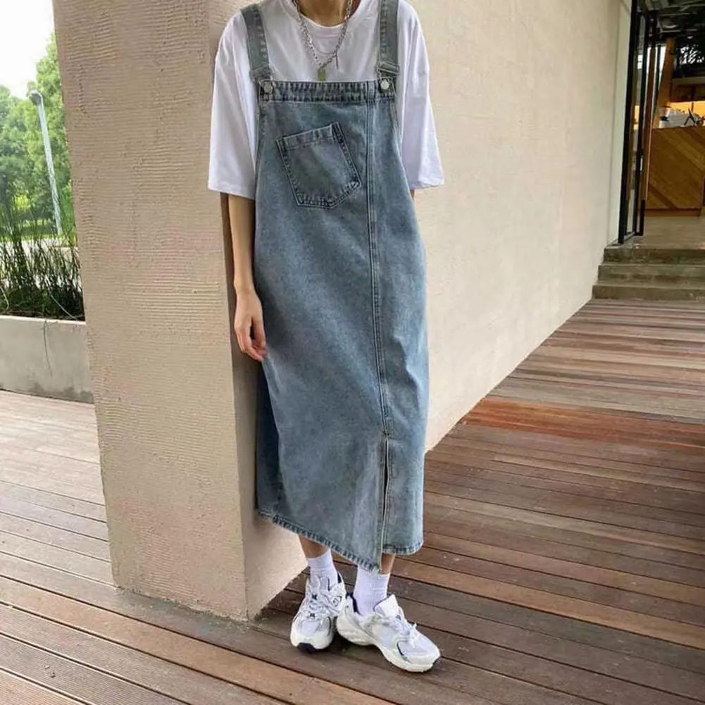 Sleeveless Strap Dress 2024 Summer Pockets Denim Dresses Woman Korean Style H Line Side Pockets Split Hem Suspender Denim Dress