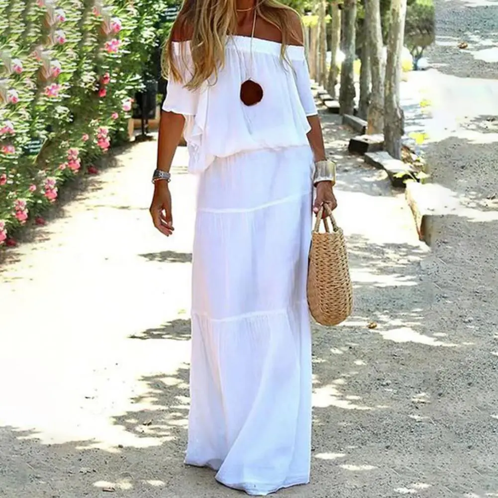 Off Shoulder Elegant Maxi Dress Short Sleeve Elastic Waist Large Hem Women Dress Sexy Summer Casual Slash Neck Lady Dress