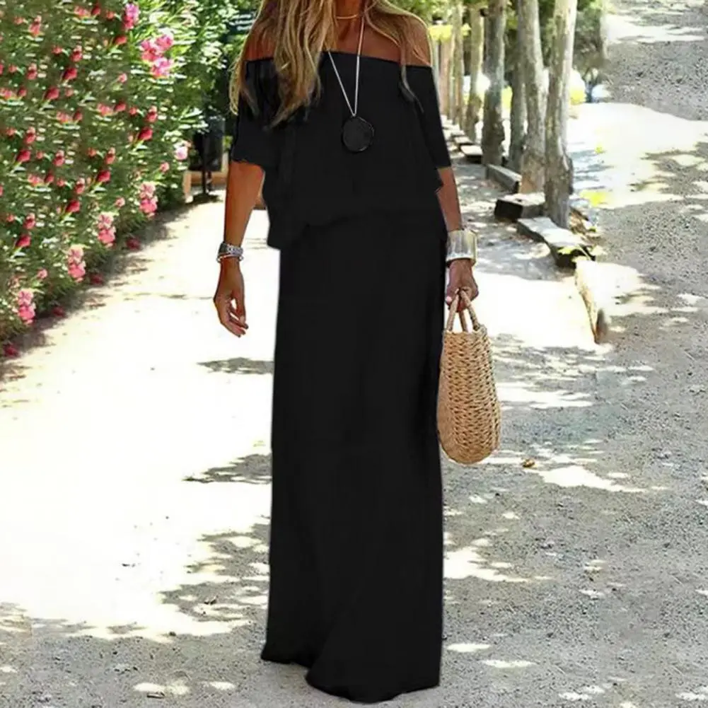 Off Shoulder Elegant Maxi Dress Short Sleeve Elastic Waist Large Hem Women Dress Sexy Summer Casual Slash Neck Lady Dress