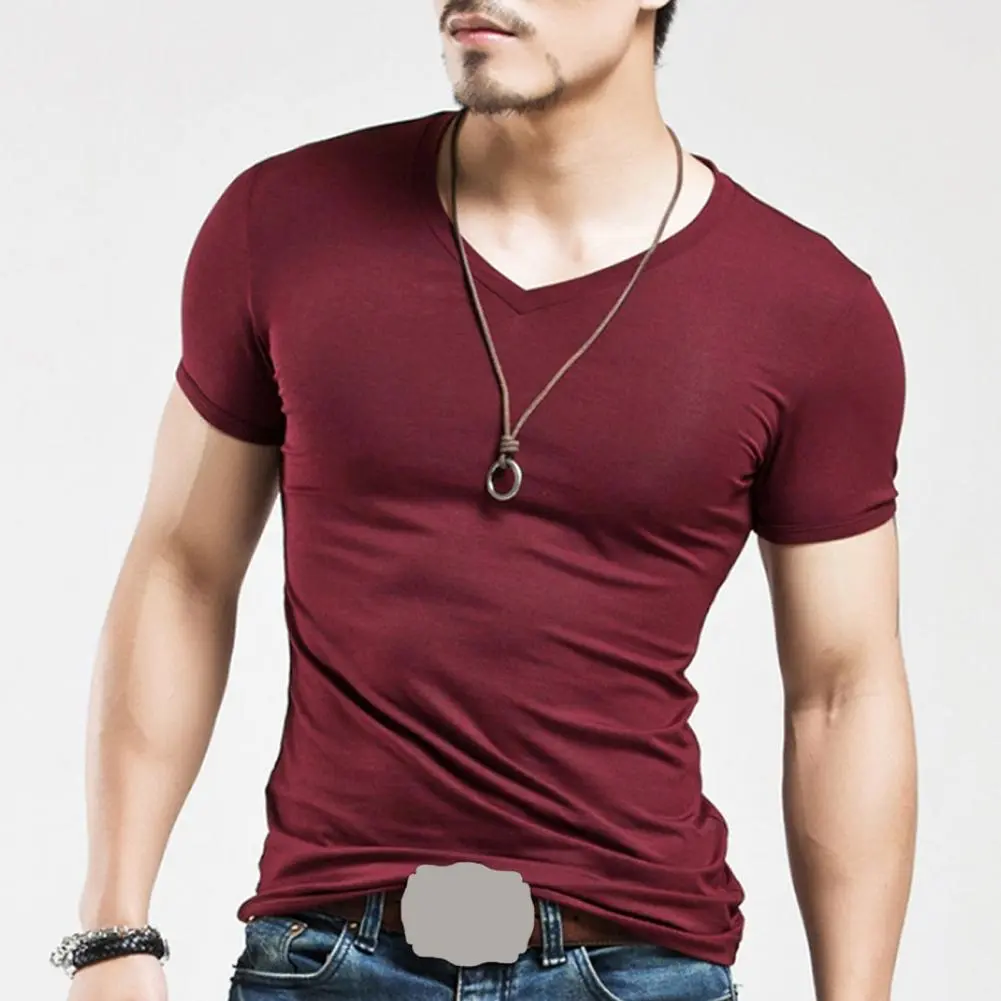 Men Summer Fitness T-shirt V Neck Short Sleeves Muscle Fit Men T-Shirt Quick-drying Pullover Casual Men Gym Sports Tight T-Shirt