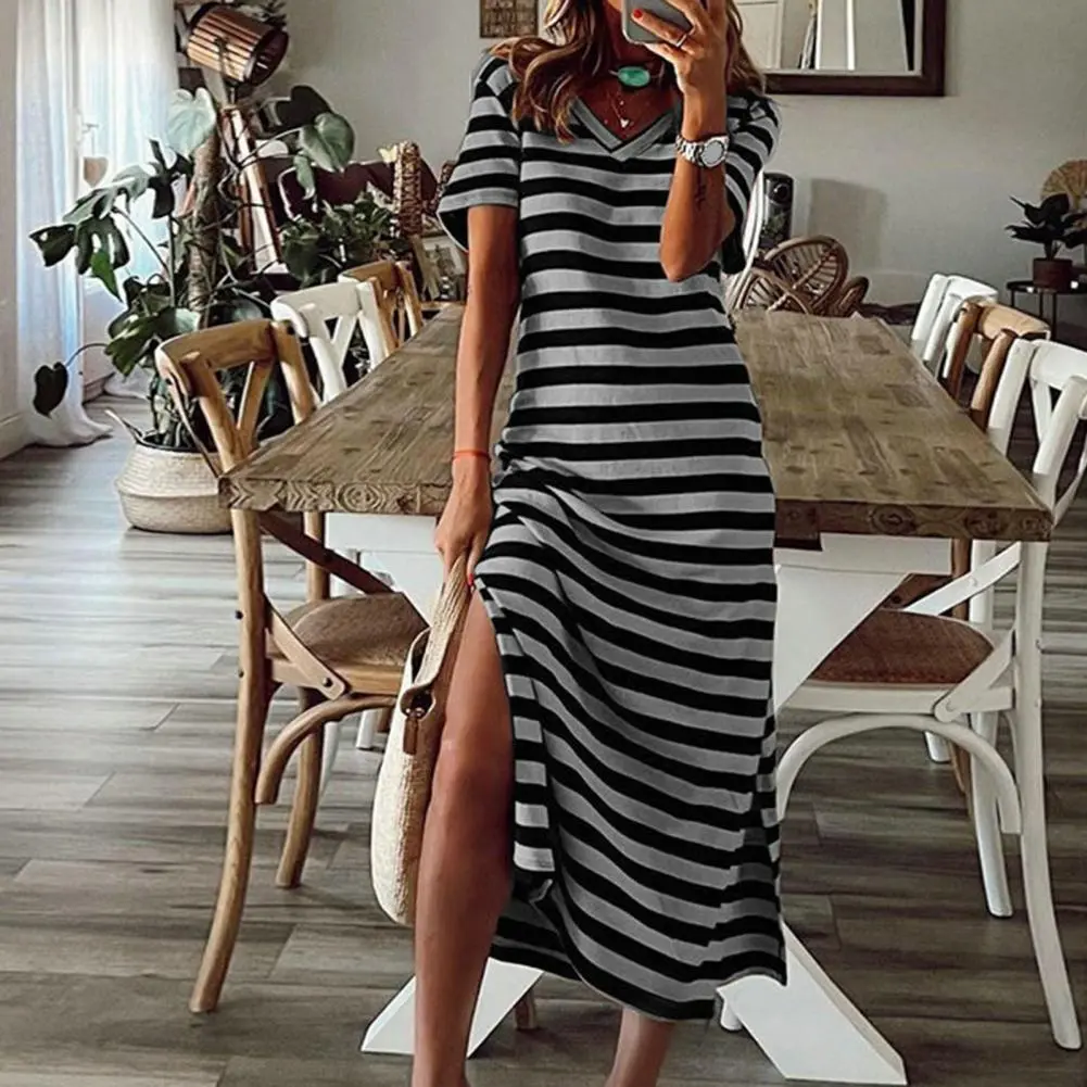 Striped Print Bodycon Dress For Women 2023 Side Split V Neck Short Sleeves Midi Dres Mid-calf Length Slim Fit Women Dress Robe