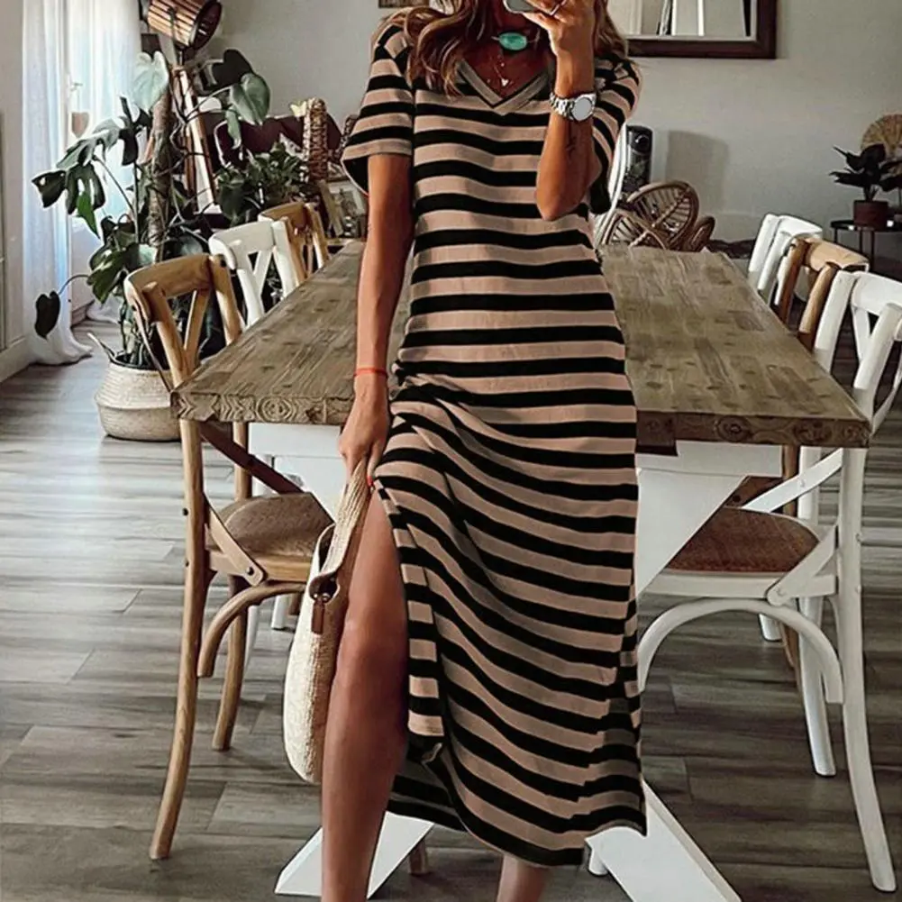 Striped Print Bodycon Dress For Women 2023 Side Split V Neck Short Sleeves Midi Dres Mid-calf Length Slim Fit Women Dress Robe