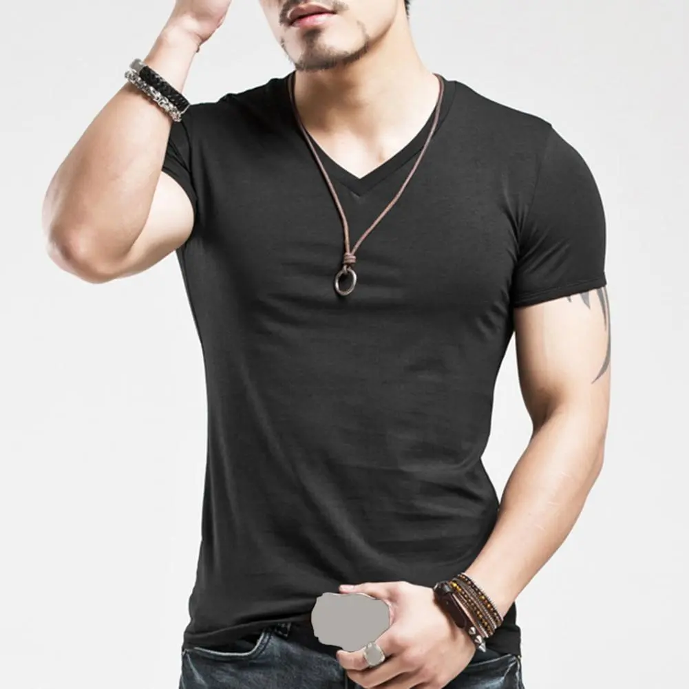 Men Summer Fitness T-shirt V Neck Short Sleeves Muscle Fit Men T-Shirt Quick-drying Pullover Casual Men Gym Sports Tight T-Shirt