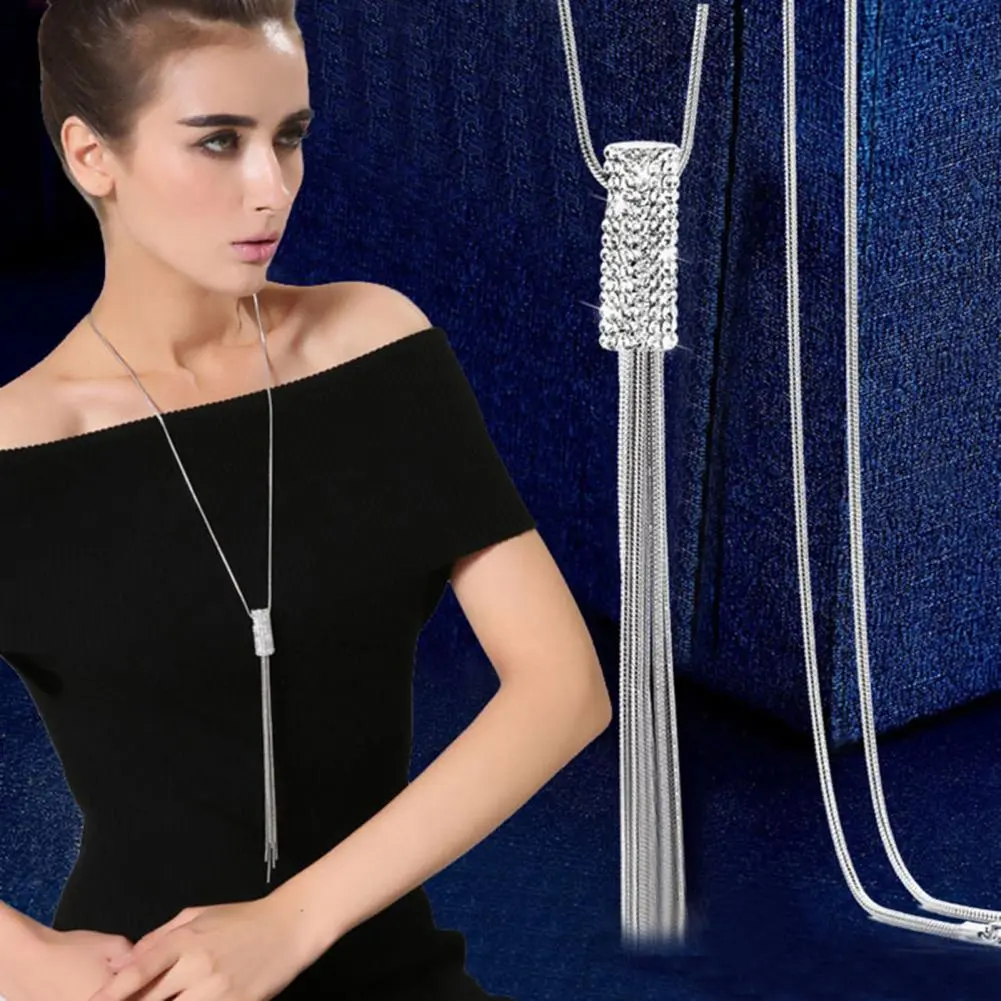 Shining Rhinestone Sweater Necklace Women Necklaces Pendants Tassel Sweater Chain Tulip Rose Flower Tassel Long Necklace Jewelry