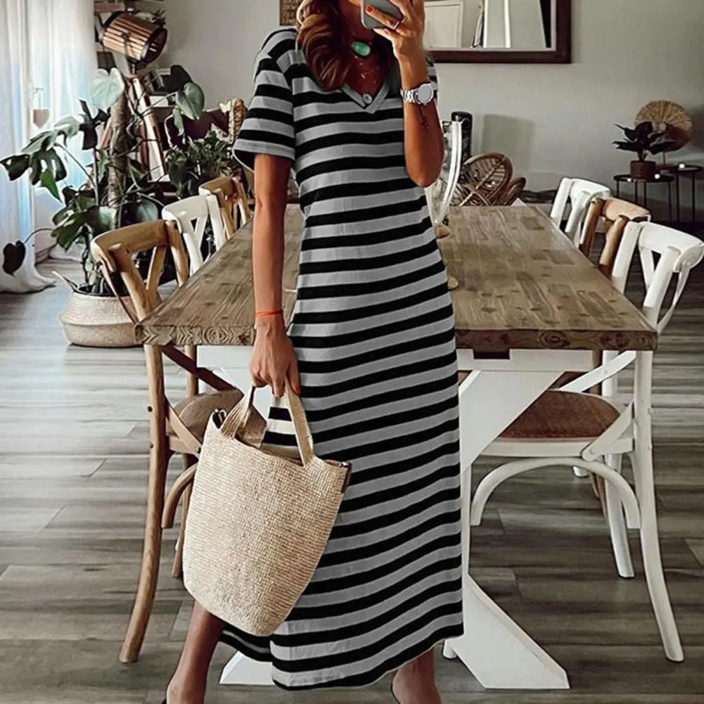 Striped Print Bodycon Dress For Women 2023 Side Split V Neck Short Sleeves Midi Dres Mid-calf Length Slim Fit Women Dress Robe