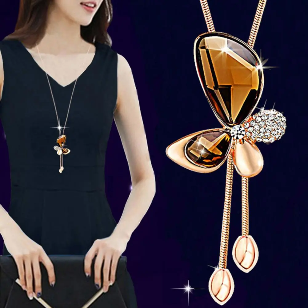 Shining Rhinestone Sweater Necklace Women Necklaces Pendants Tassel Sweater Chain Tulip Rose Flower Tassel Long Necklace Jewelry