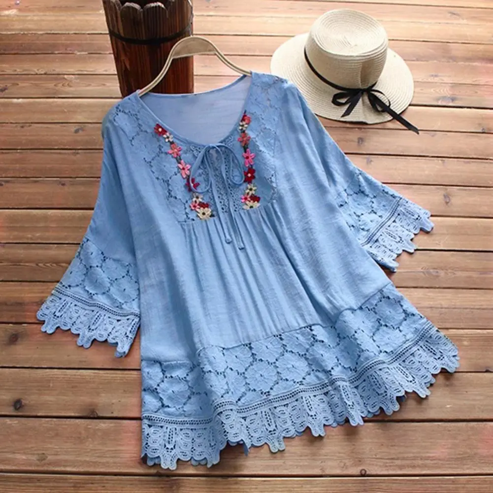Women Lace Crochet Blouse Lace-up Bow Flower Embroidery Vintage Blouse Top Casual Patchwork Shirts Casual Hollow Out Tunic Blous