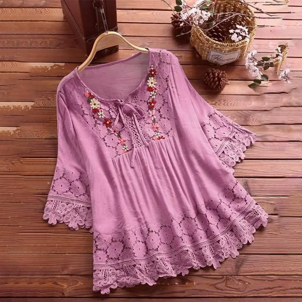 Women Lace Crochet Blouse Lace-up Bow Flower Embroidery Vintage Blouse Top Casual Patchwork Shirts Casual Hollow Out Tunic Blous