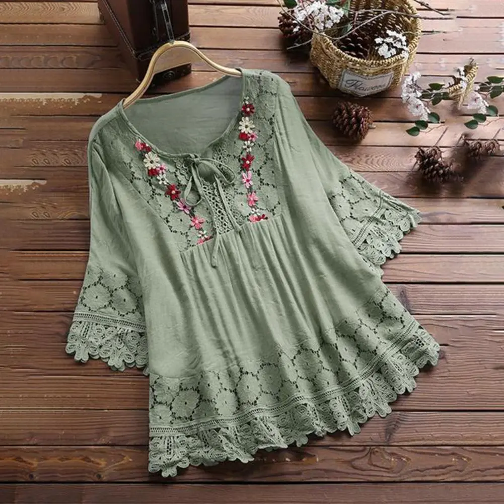 Women Lace Crochet Blouse Lace-up Bow Flower Embroidery Vintage Blouse Top Casual Patchwork Shirts Casual Hollow Out Tunic Blous