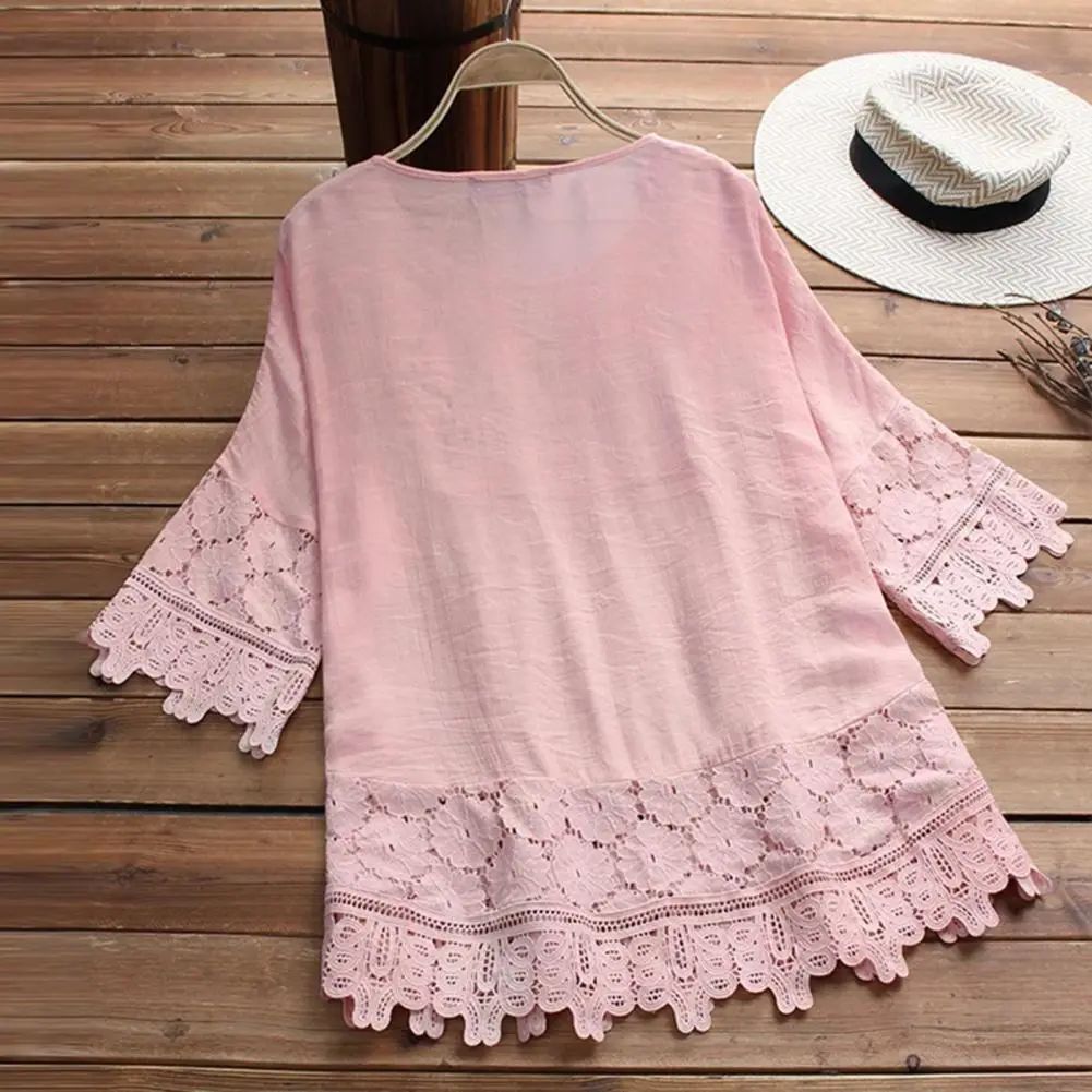 Women Lace Crochet Blouse Lace-up Bow Flower Embroidery Vintage Blouse Top Casual Patchwork Shirts Casual Hollow Out Tunic Blous