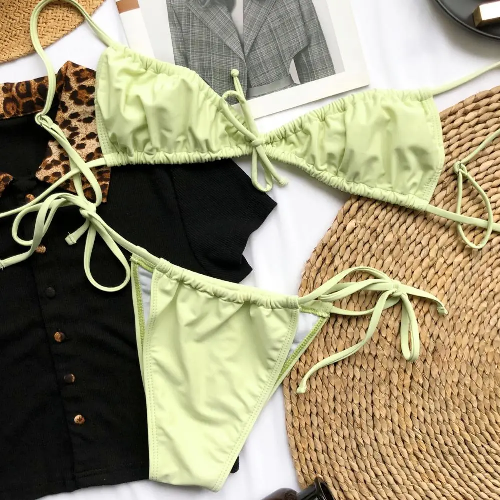 Pleated Women Swimsuit Solid Color Pleated Strap Split Bikini Swimsuit Set Two-piece Three-point bra Thong Lace Up Bathing Suit