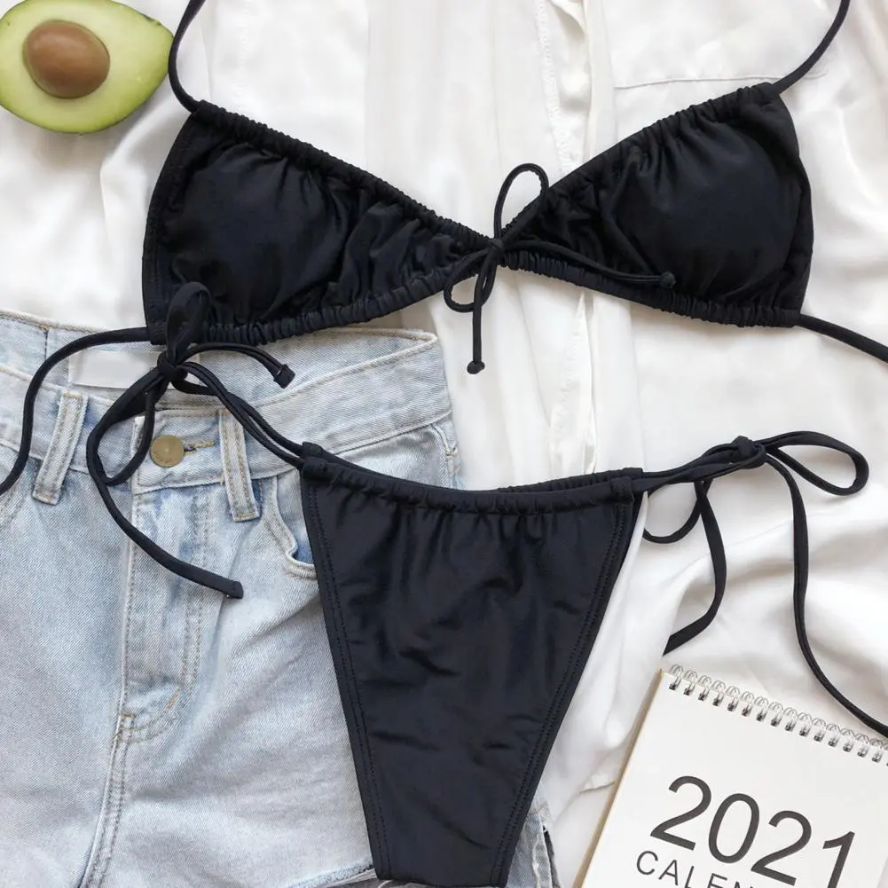 Pleated Women Swimsuit Solid Color Pleated Strap Split Bikini Swimsuit Set Two-piece Three-point bra Thong Lace Up Bathing Suit