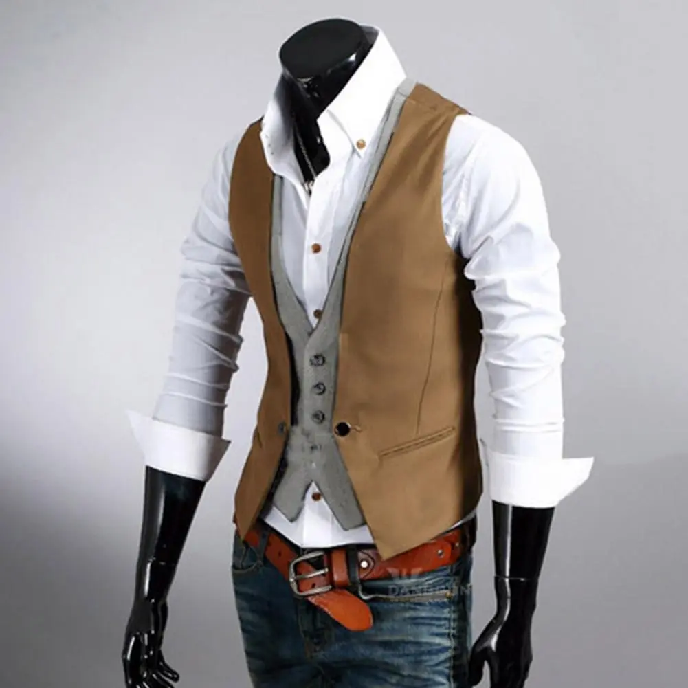 Men Retro Lapel Business Vest Fake Two Piece Suit Vest British Casual Vintage Gentleman Party Dress Suit Vest Waistcoat