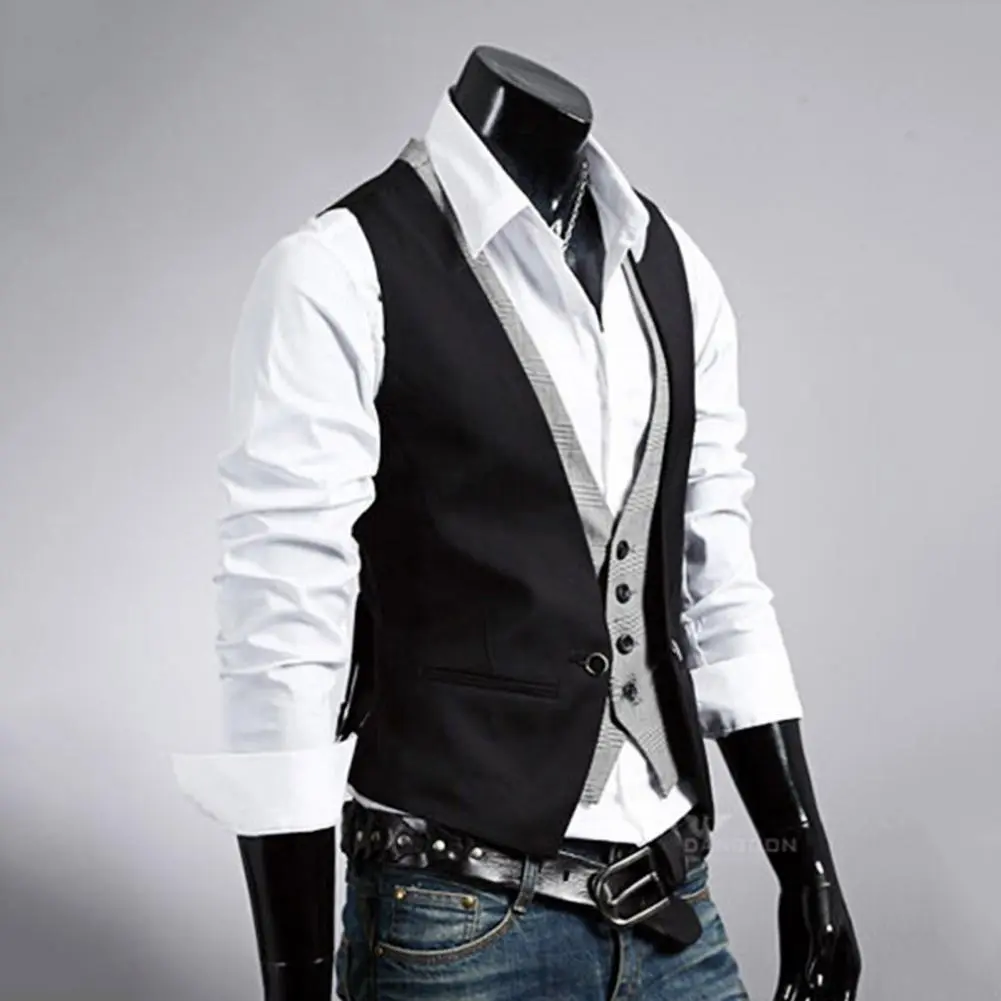 Men Retro Lapel Business Vest Fake Two Piece Suit Vest British Casual Vintage Gentleman Party Dress Suit Vest Waistcoat