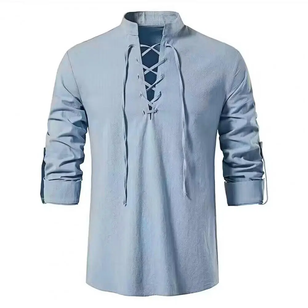 Vintage Lace Up Cotton Linen Men Shirt Tops Long Sleeve Vintage Slanted Placket Tee Shirt Casual T-shirt Medieval Viking top