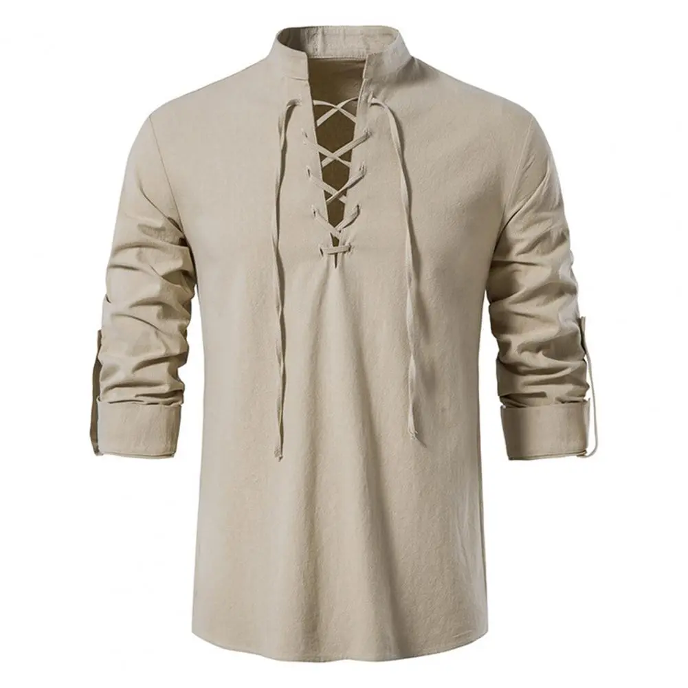 Vintage Lace Up Cotton Linen Men Shirt Tops Long Sleeve Vintage Slanted Placket Tee Shirt Casual T-shirt Medieval Viking top