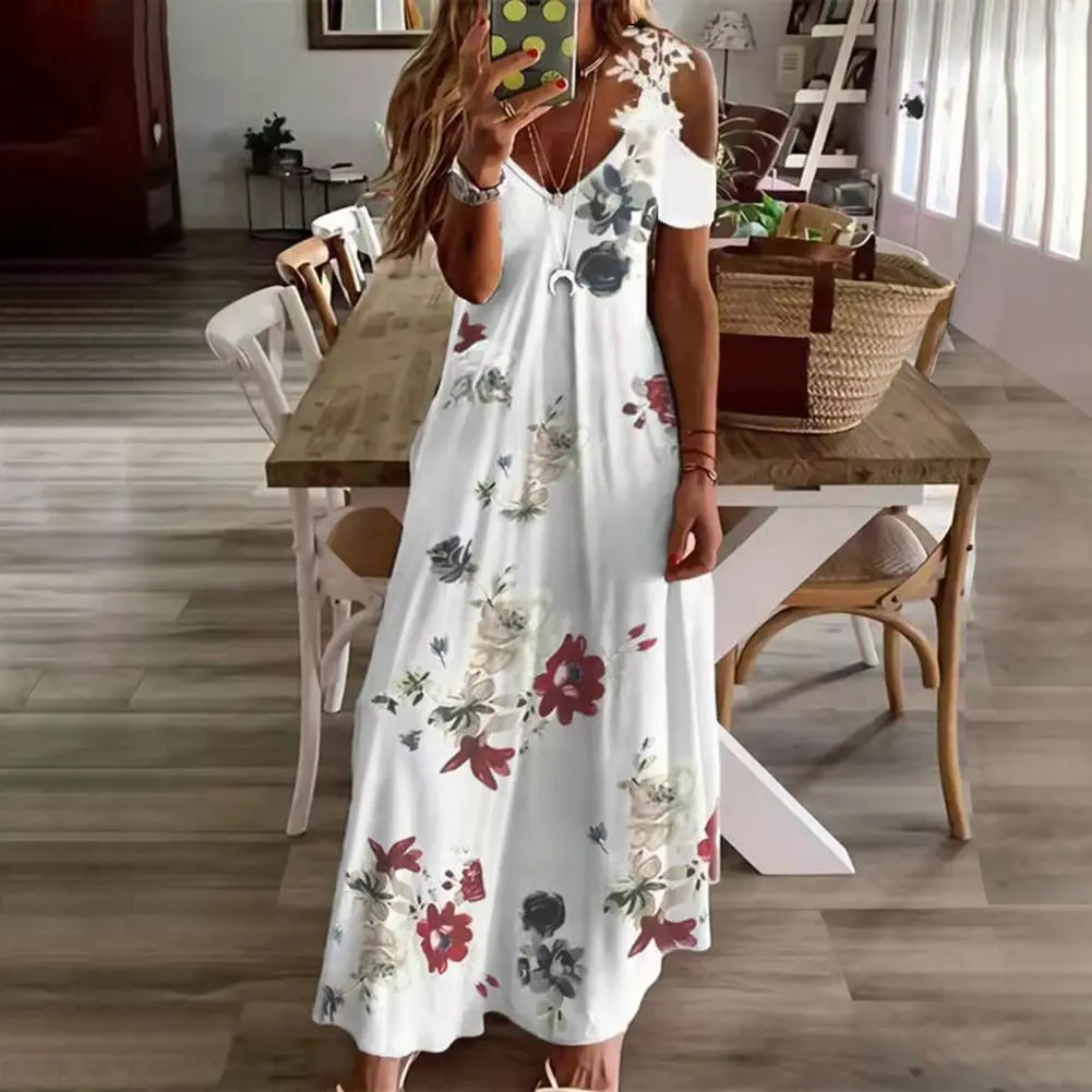 Feather Printed Lace Sling Women Dress Loose Short Sleeve Floral Print Hollow Out A-Line Maxi Dress Casual Beach Dress vestidos