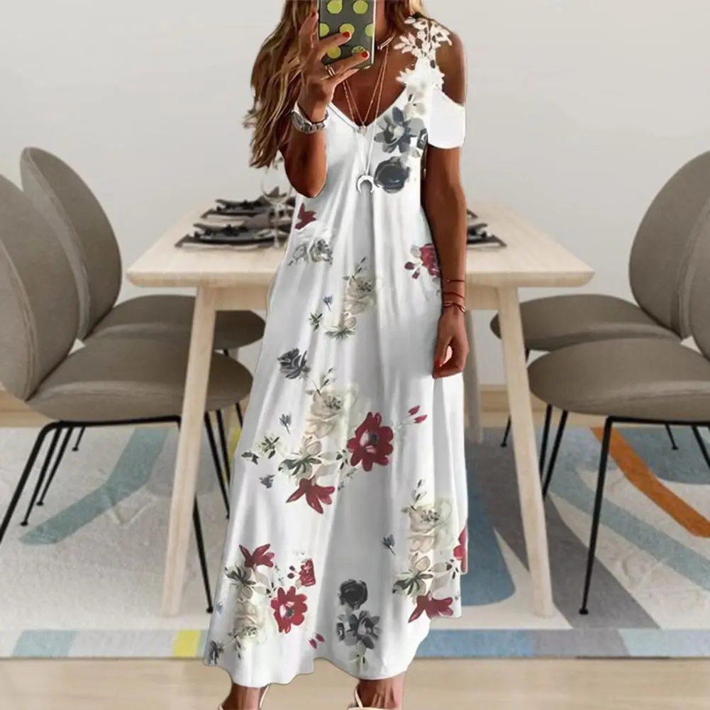 Feather Printed Lace Sling Women Dress Loose Short Sleeve Floral Print Hollow Out A-Line Maxi Dress Casual Beach Dress vestidos
