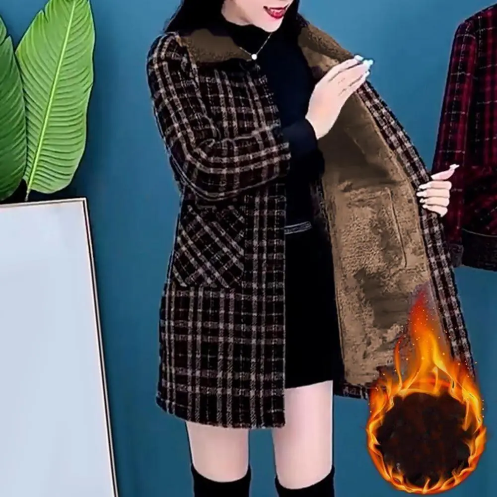 Women Plaid Coat Checkered Winter Mother Jacket Pockets Turn-down Collar Single-breasted Mid Length Overcoat Mid-aged Women Coat