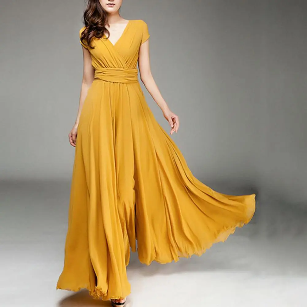 Women Long Sundress Short Sleeve V-neck Ruched High Waist Maxi Dress Swing Bohemian Retro Dresses Casual Sleeveless Long Dress