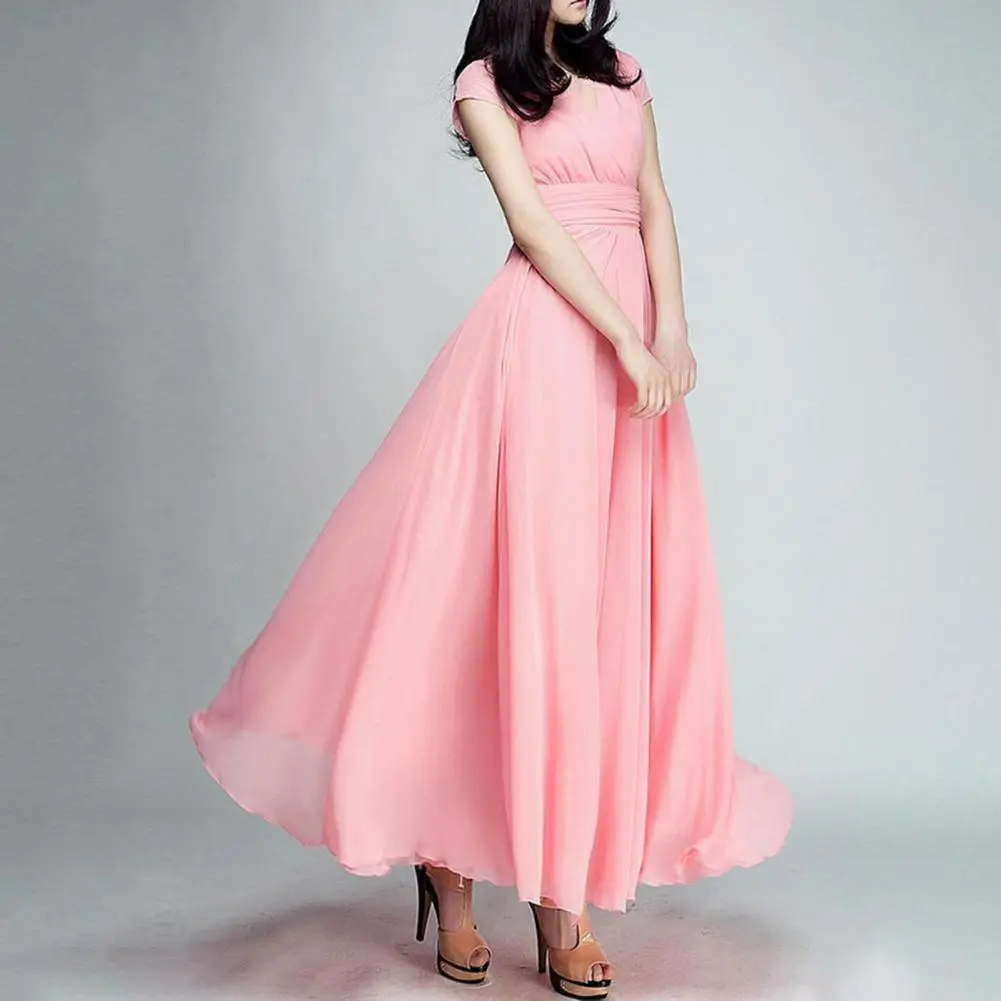 Women Long Sundress Short Sleeve V-neck Ruched High Waist Maxi Dress Swing Bohemian Retro Dresses Casual Sleeveless Long Dress