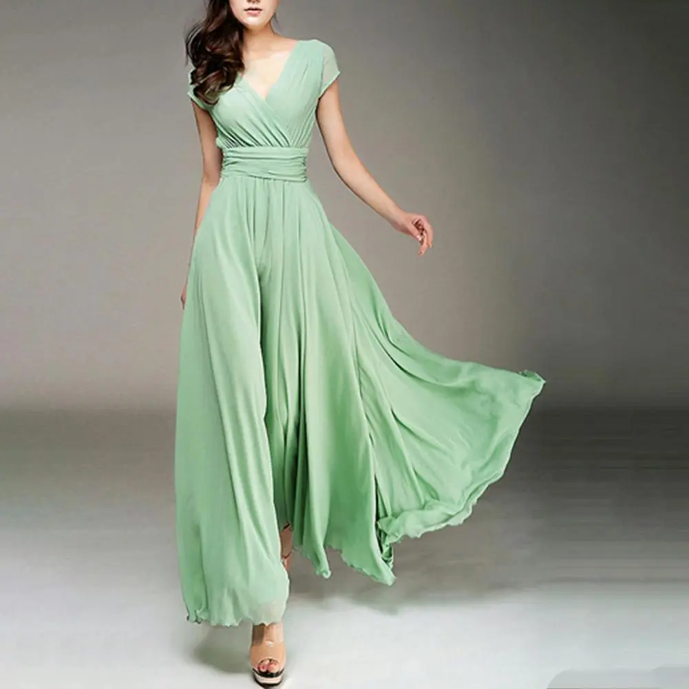 Women Long Sundress Short Sleeve V-neck Ruched High Waist Maxi Dress Swing Bohemian Retro Dresses Casual Sleeveless Long Dress
