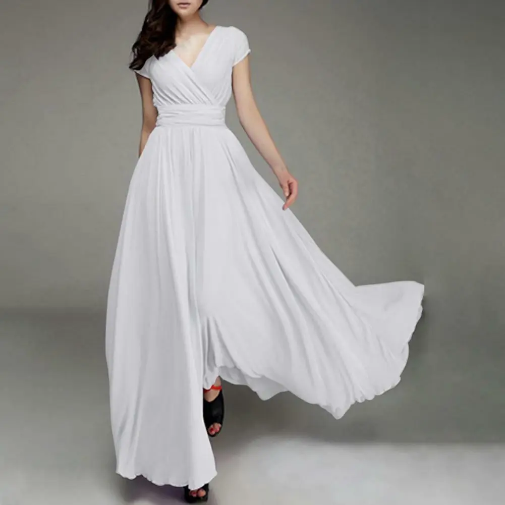 Women Long Sundress Short Sleeve V-neck Ruched High Waist Maxi Dress Swing Bohemian Retro Dresses Casual Sleeveless Long Dress