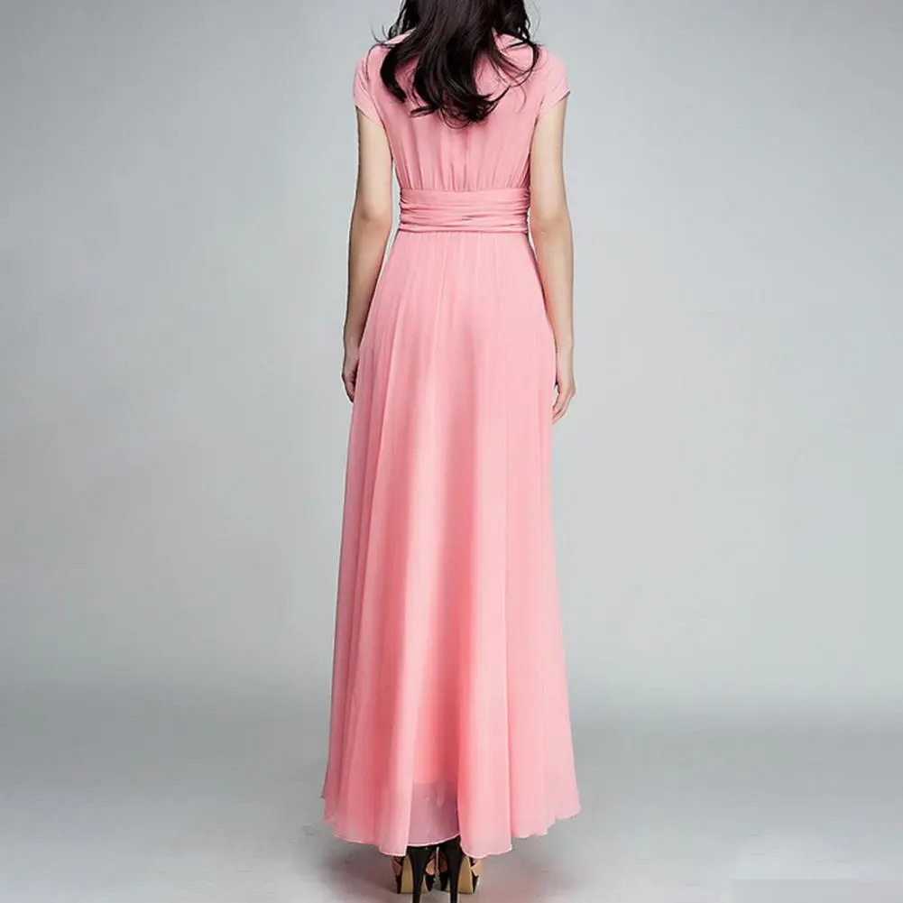 Women Long Sundress Short Sleeve V-neck Ruched High Waist Maxi Dress Swing Bohemian Retro Dresses Casual Sleeveless Long Dress