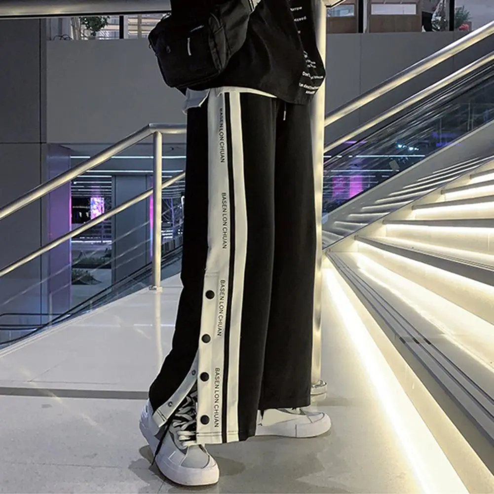 Harajuku Letter Print Men Women Trousers Drawstring Side Split Buttons Sweatpants Casual Baggy Pants Sports Pants Summer Pants