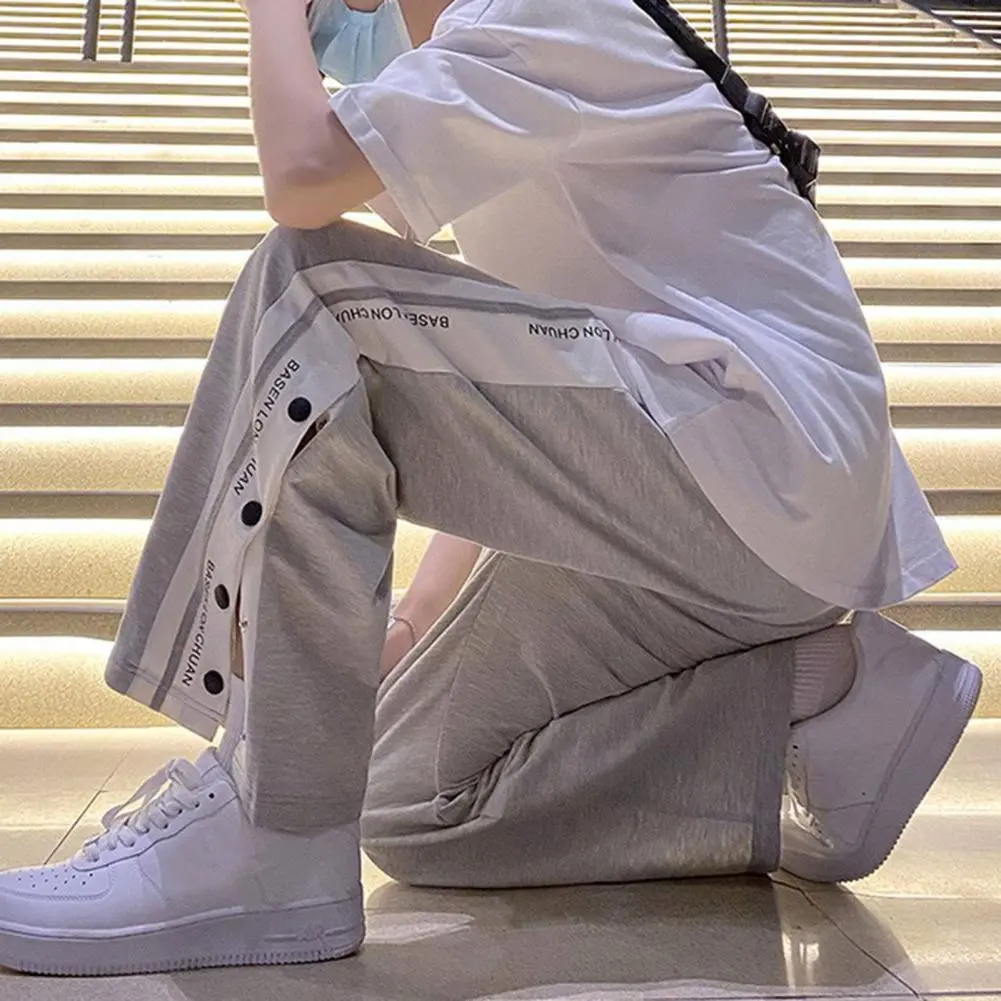 Harajuku Letter Print Men Women Trousers Drawstring Side Split Buttons Sweatpants Casual Baggy Pants Sports Pants Summer Pants